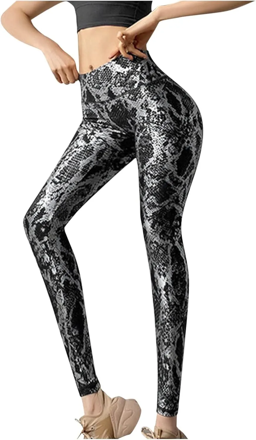 Kingspinner Shiny Metallic Leggings for Women Snakeskin Print Ruched Yoga Pant High Waist Wet Look Metallic Disco Trousers
