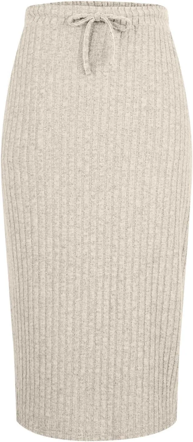 Knit Work Skirt for Women Summer Breathable Stretchy Drawstring Casual Midi High Waisted Bodycon Skirt Outfit