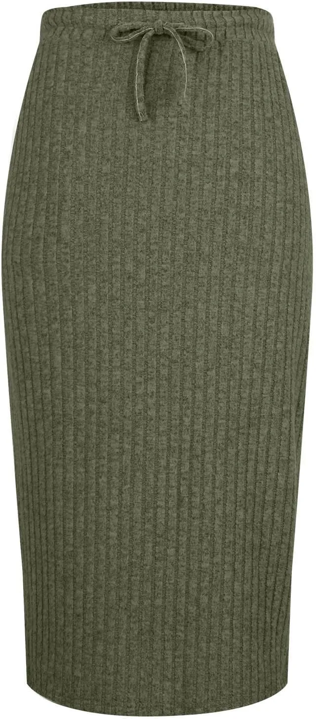Knit Work Skirt for Women Summer Breathable Stretchy Drawstring Casual Midi High Waisted Bodycon Skirt Outfit