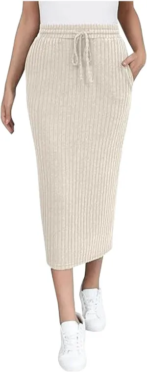 Knit Work Skirt for Women Summer Breathable Stretchy Drawstring Casual Midi High Waisted Bodycon Skirt Outfit