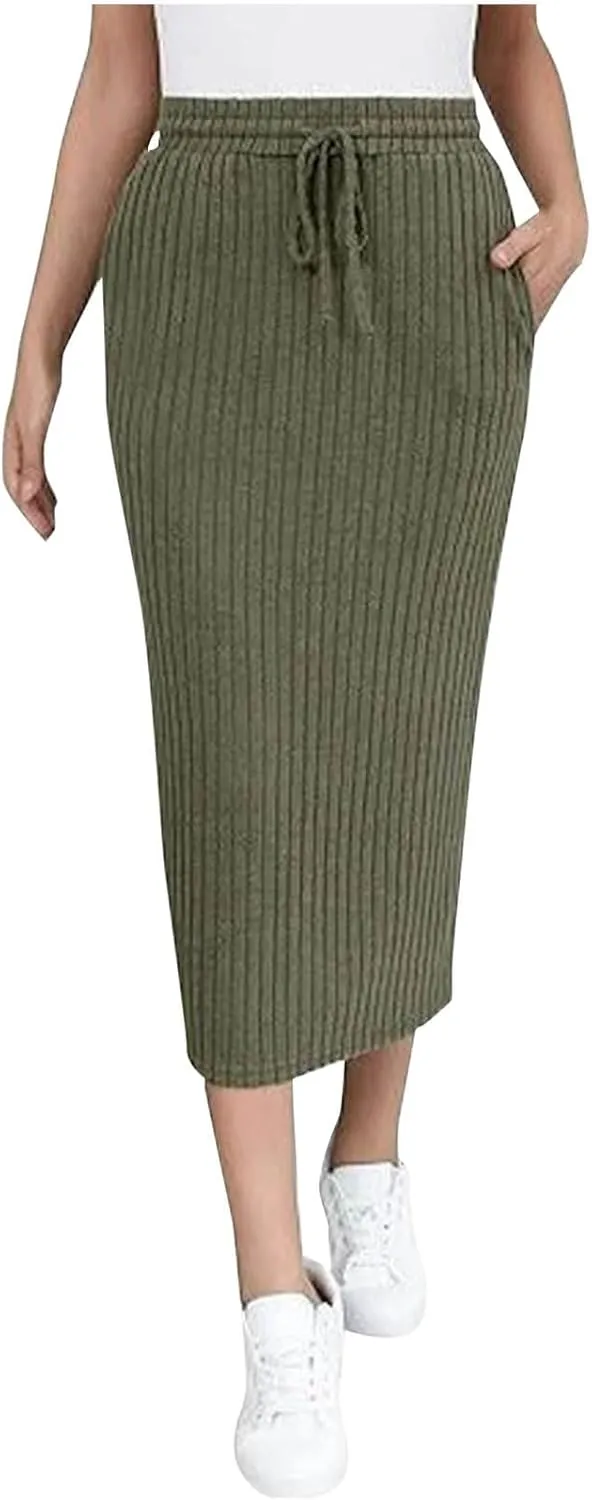 Knit Work Skirt for Women Summer Breathable Stretchy Drawstring Casual Midi High Waisted Bodycon Skirt Outfit