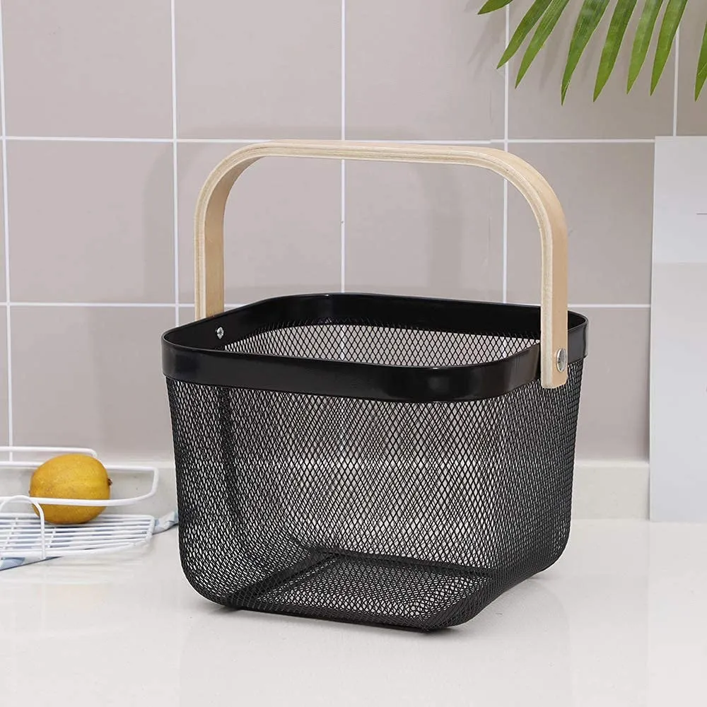 Kuber Industries Metal Wire Basket With Handle|Storage Basket Fot Fruits, Books|Mesh Open Storage Bin|Storage Organizer|Pack Of 3|Black