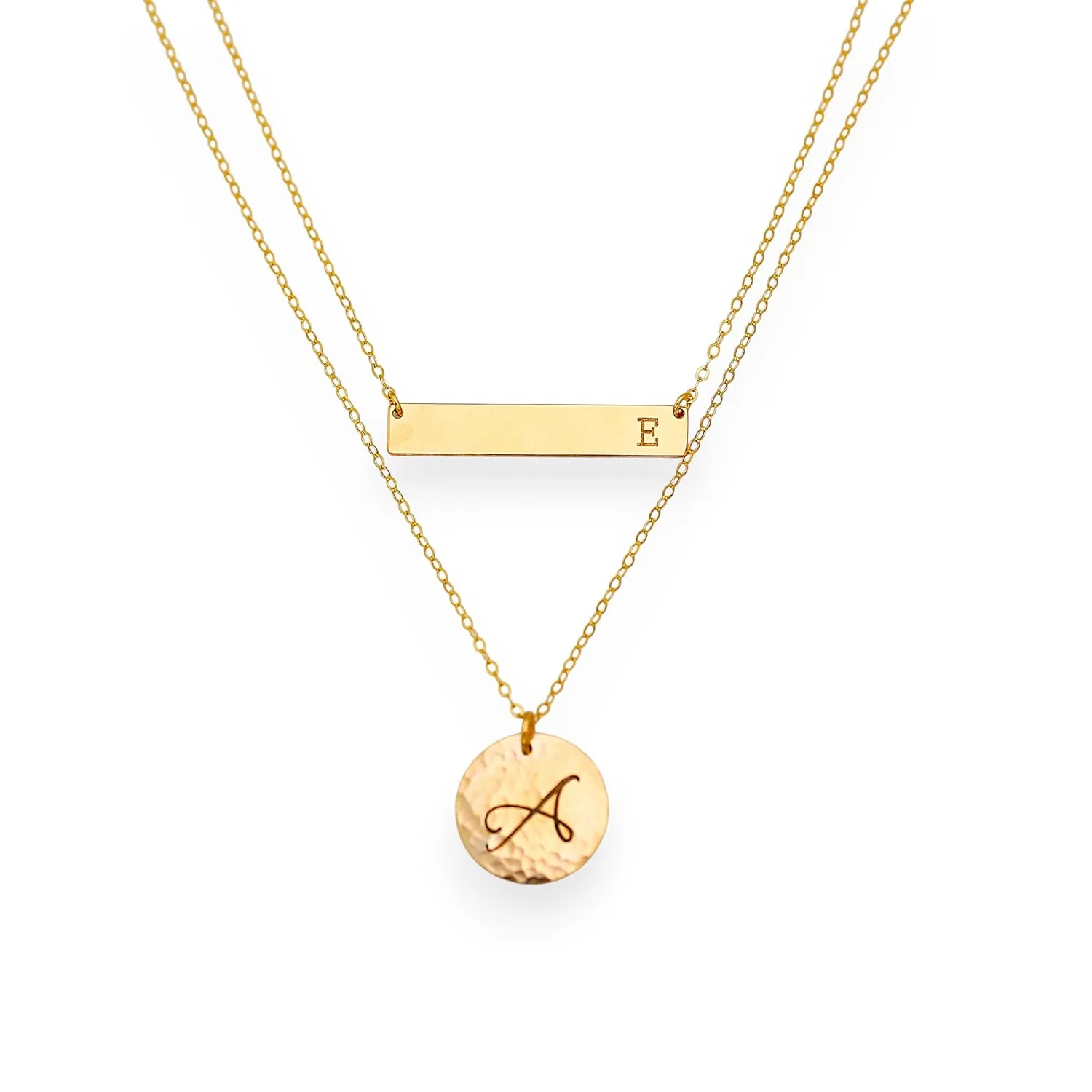 Layering Necklace, Gold Bar Necklace, Name Plate Necklace, Hammered Disc Necklace, Personalized Nameplate Necklace, Layered Necklace Set