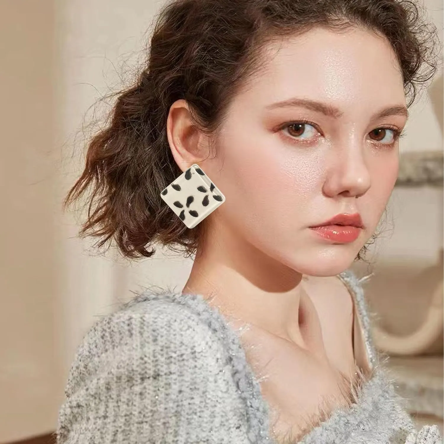 Leopard Retro Simple Acrylic Geometric Square Button Earrings Studs for Women Statement Drop Earring