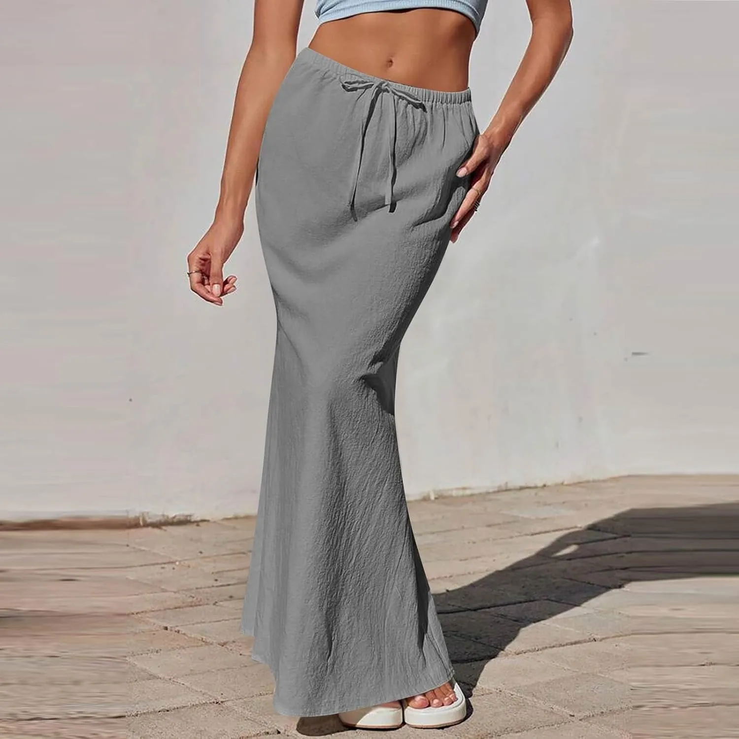 Linen Maxi Skirts for Women 2025 Summer Drawstring Low Rise A Line Skirts Cute Comfy Vacation Boho Long Fishtail Skirt