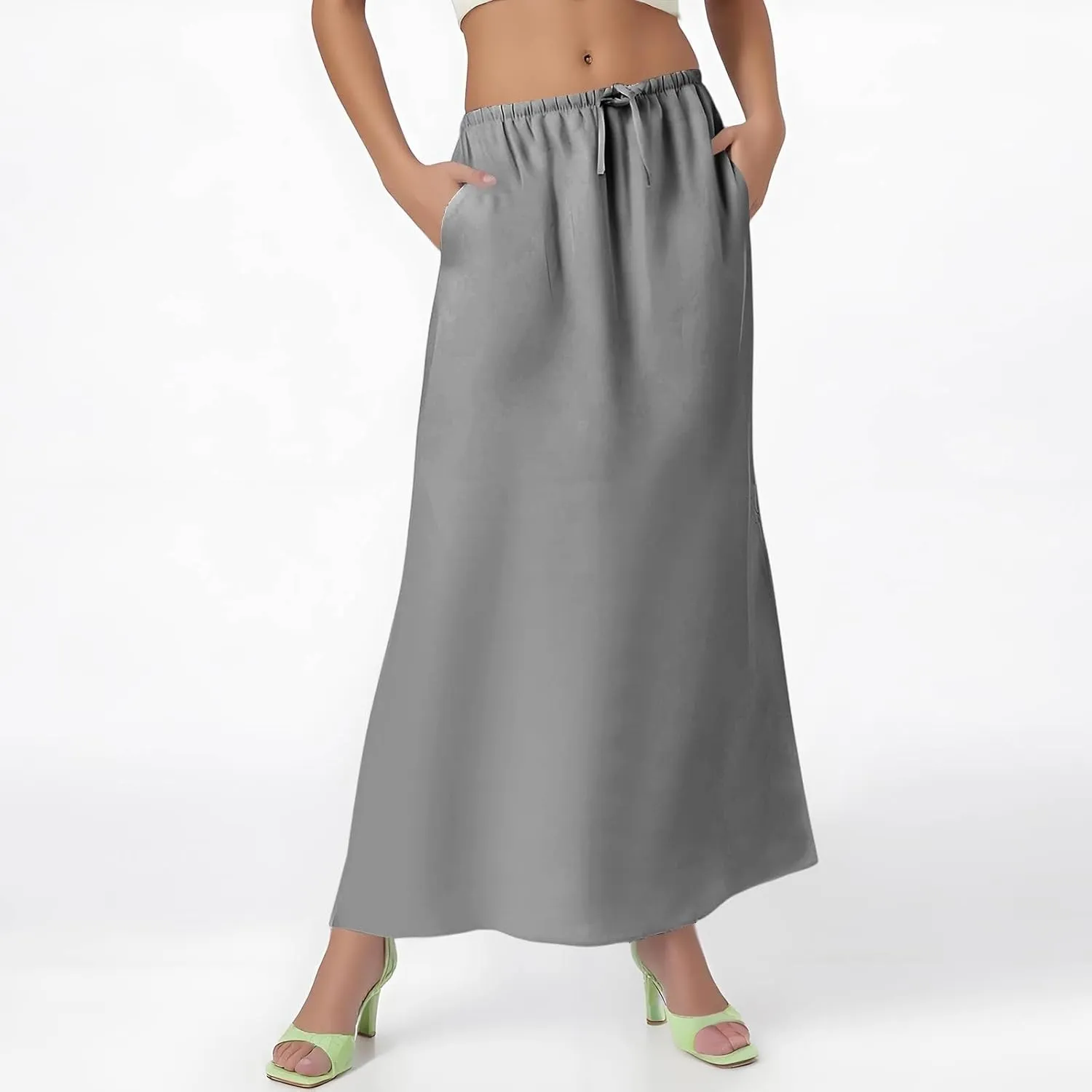 Linen Maxi Skirts for Women 2025 Summer Drawstring Low Rise A Line Skirts Cute Comfy Vacation Boho Long Fishtail Skirt