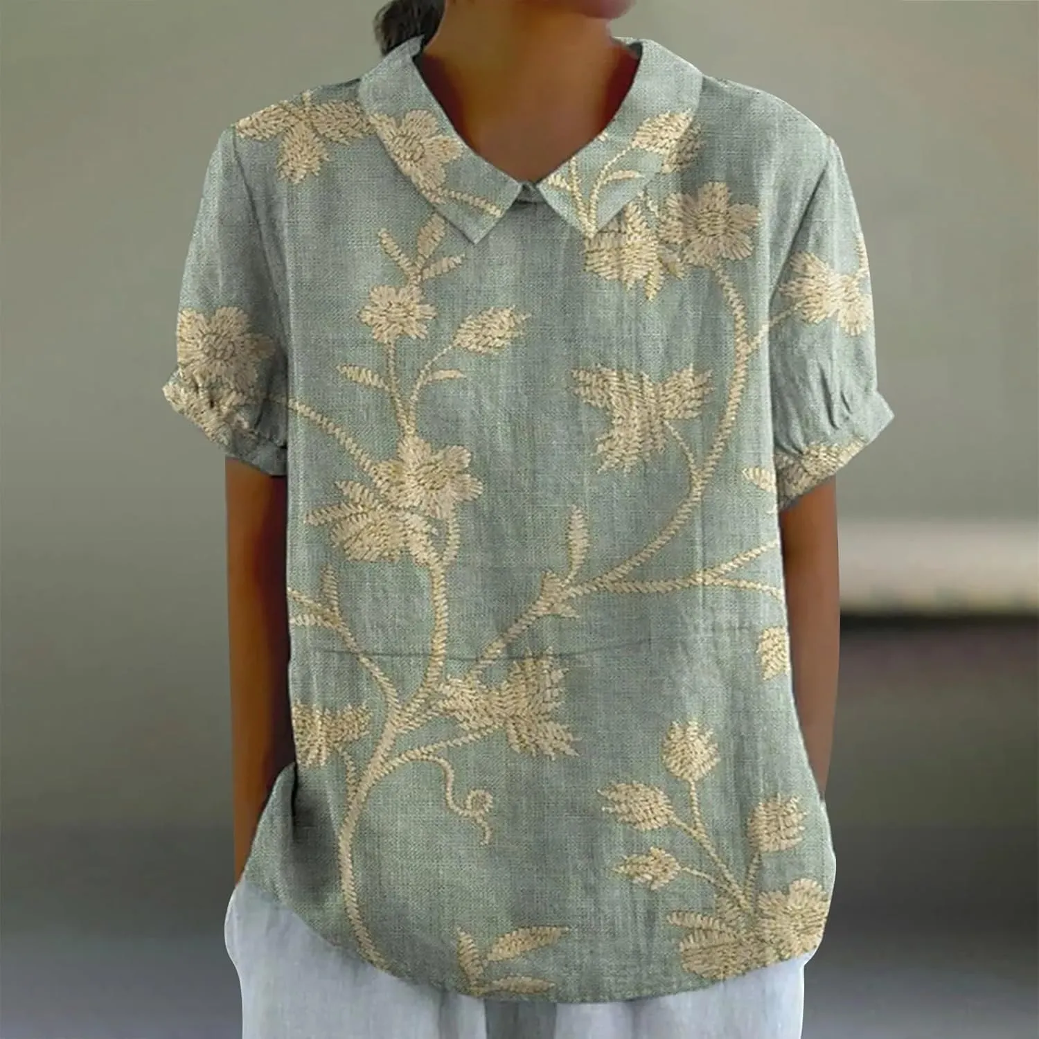 Linen Tops for Women Summer Peterr Pan Collar Puff Short Sleeve Shirts Linen Loose Large Size Thin Lapel Shirt Short
