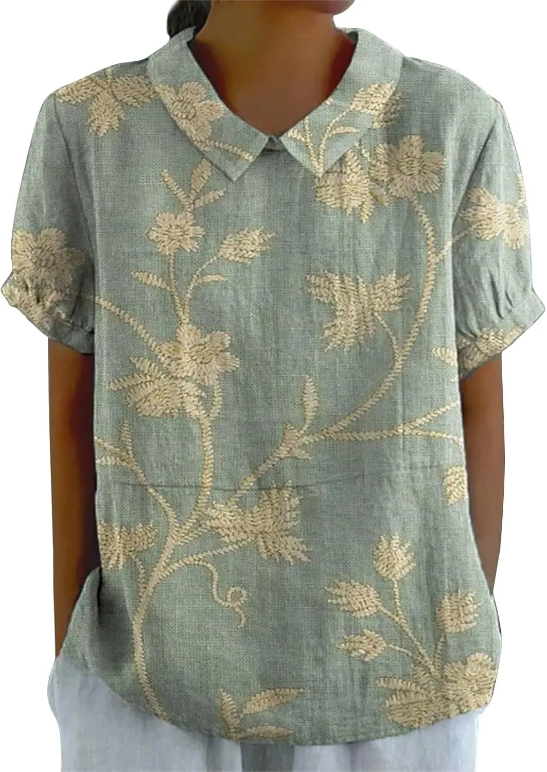 Linen Tops for Women Summer Peterr Pan Collar Puff Short Sleeve Shirts Linen Loose Large Size Thin Lapel Shirt Short