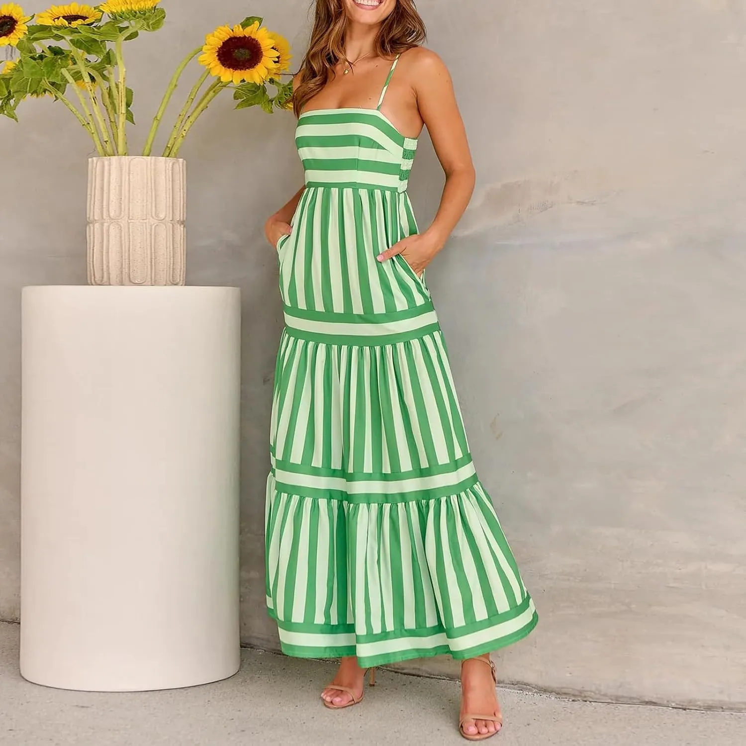 lisenraIn Women Summer Maxi Dress Backless Spaghetti Strap Long Dress Beach Boho High Waisted Sleeveless Striped Sundress