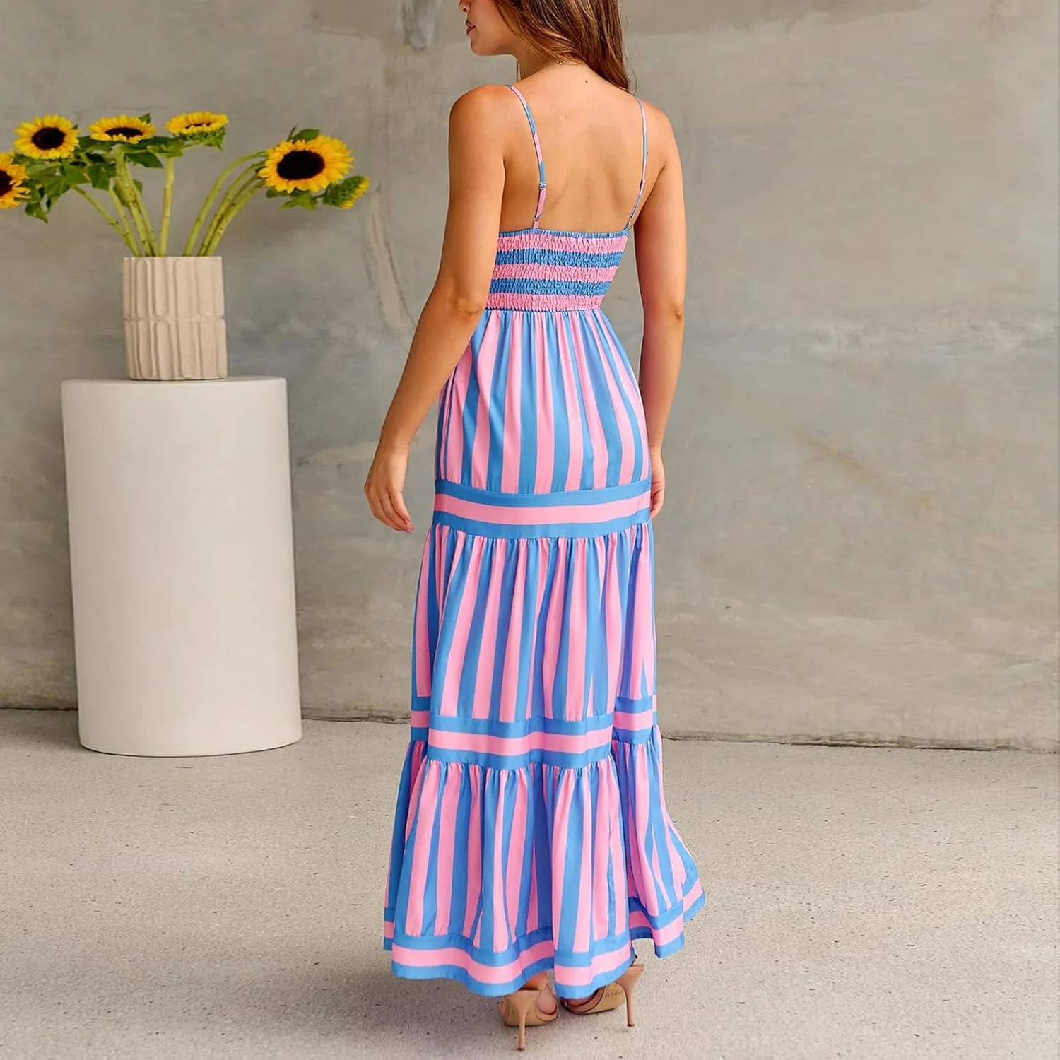 lisenraIn Women Summer Maxi Dress Backless Spaghetti Strap Long Dress Beach Boho High Waisted Sleeveless Striped Sundress