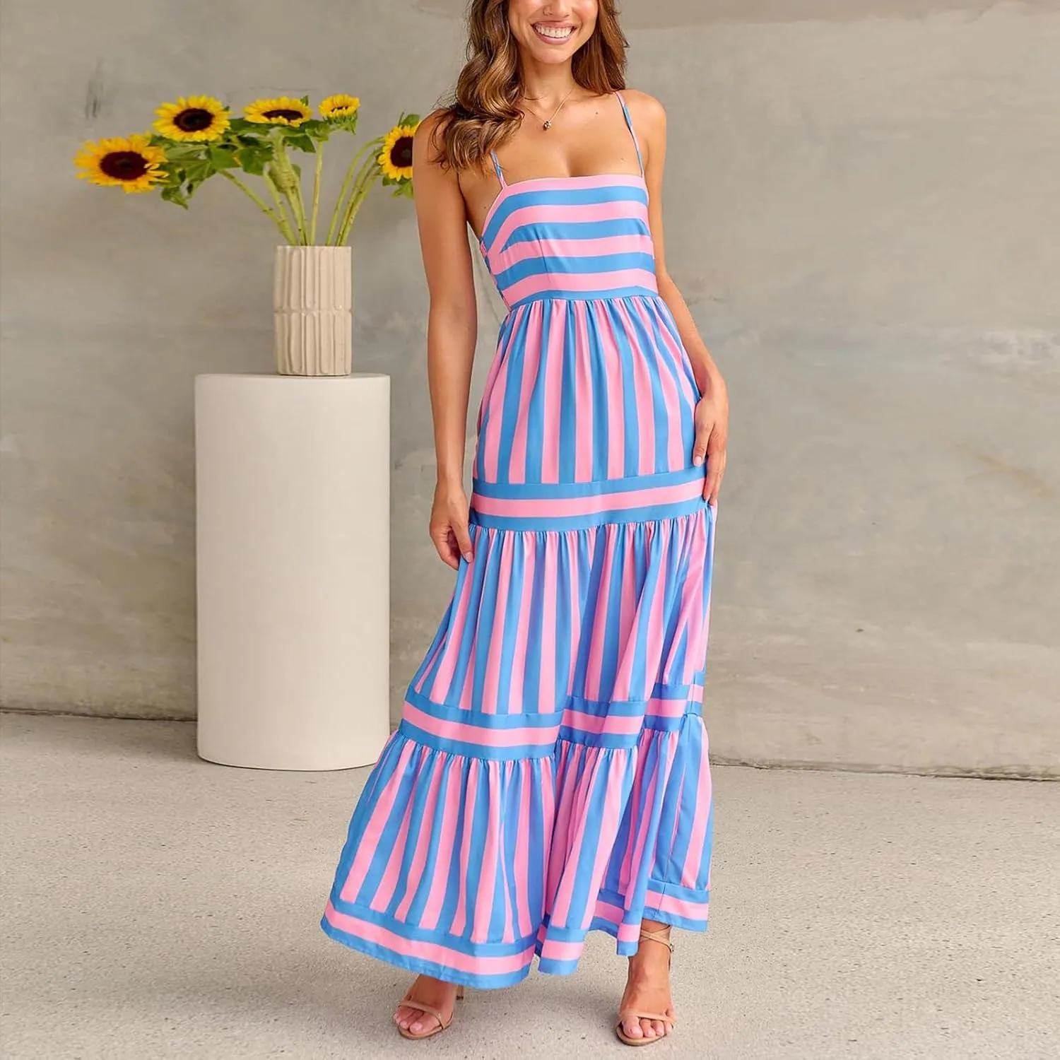 lisenraIn Women Summer Maxi Dress Backless Spaghetti Strap Long Dress Beach Boho High Waisted Sleeveless Striped Sundress