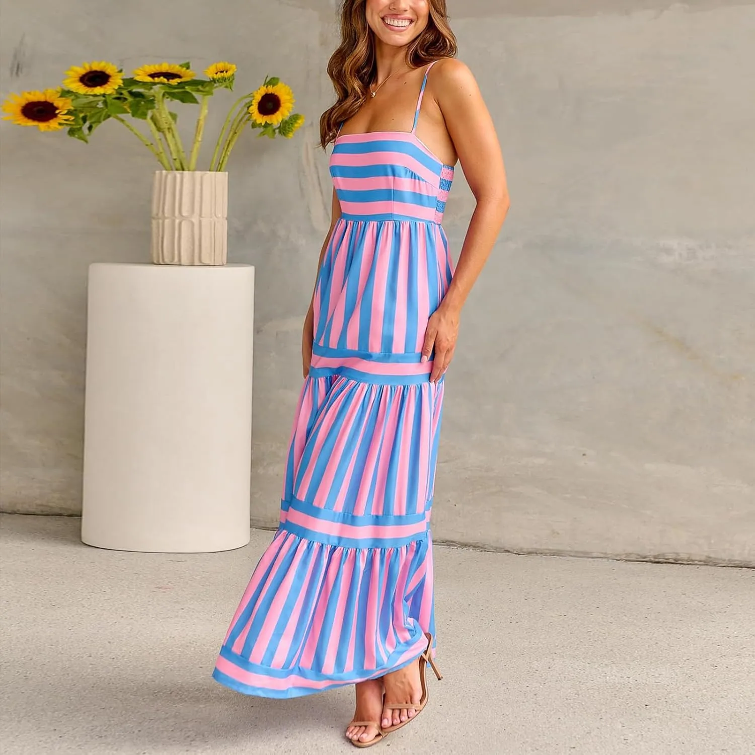 lisenraIn Women Summer Maxi Dress Backless Spaghetti Strap Long Dress Beach Boho High Waisted Sleeveless Striped Sundress
