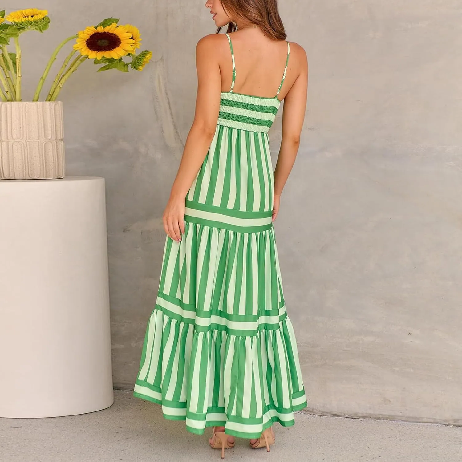 lisenraIn Women Summer Maxi Dress Backless Spaghetti Strap Long Dress Beach Boho High Waisted Sleeveless Striped Sundress