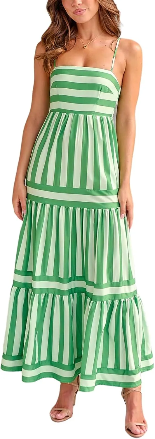 lisenraIn Women Summer Maxi Dress Backless Spaghetti Strap Long Dress Beach Boho High Waisted Sleeveless Striped Sundress