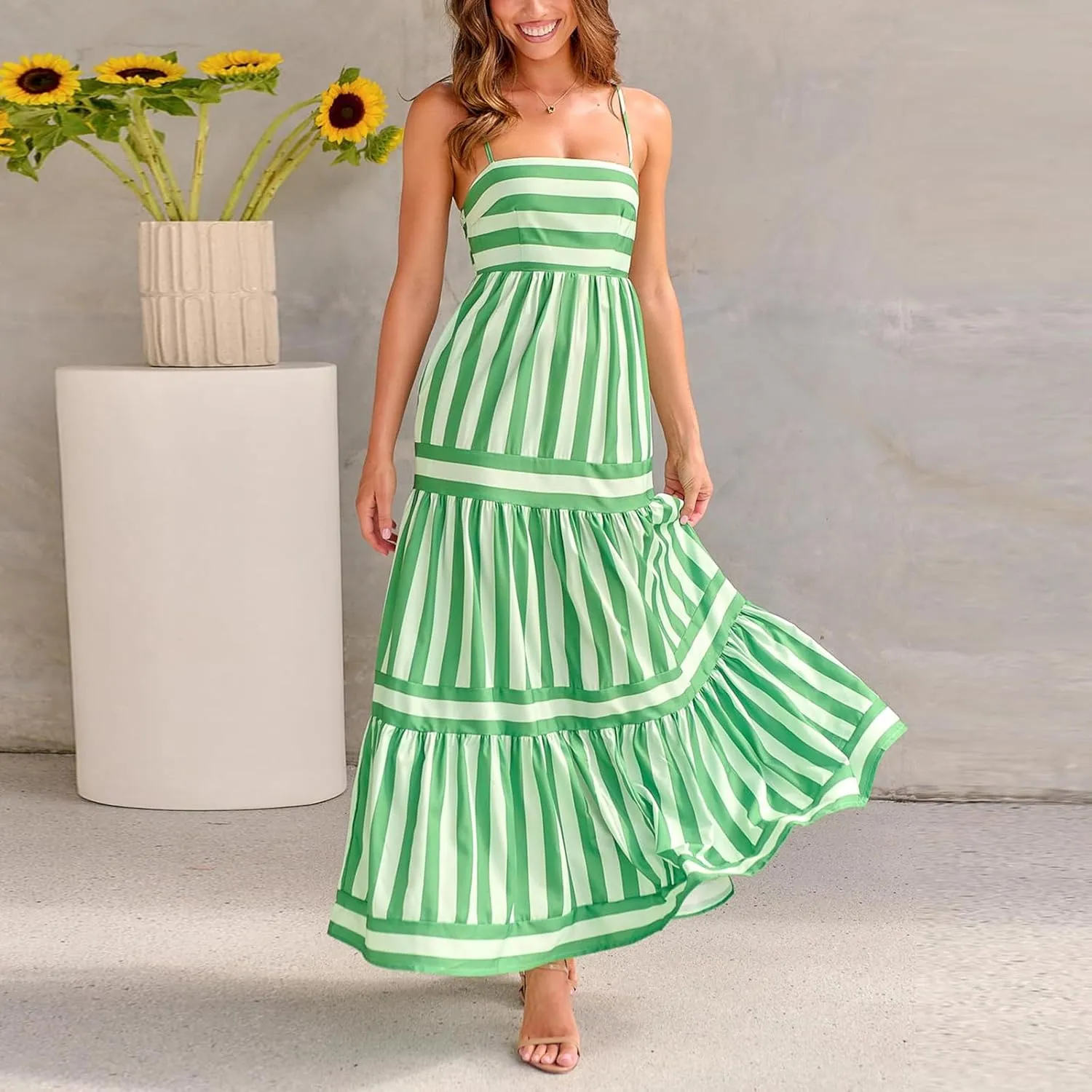 lisenraIn Women Summer Maxi Dress Backless Spaghetti Strap Long Dress Beach Boho High Waisted Sleeveless Striped Sundress