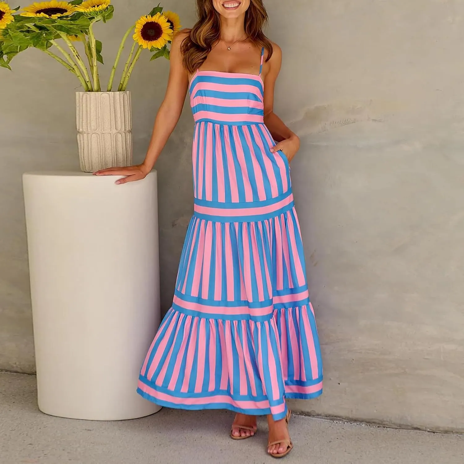 lisenraIn Women Summer Maxi Dress Backless Spaghetti Strap Long Dress Beach Boho High Waisted Sleeveless Striped Sundress