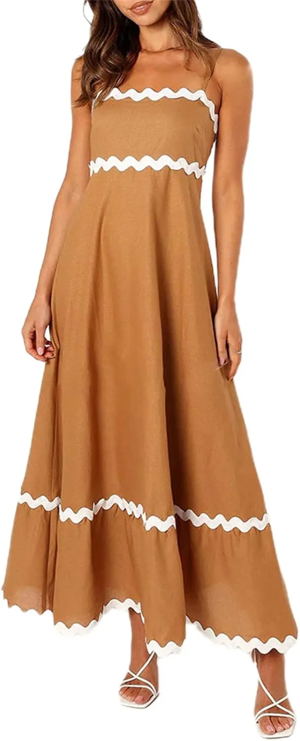 lisenraIn Women Summer Maxi Dress Backless Spaghetti Strap Long Dress Beach Boho High Waisted Sleeveless Striped Sundress