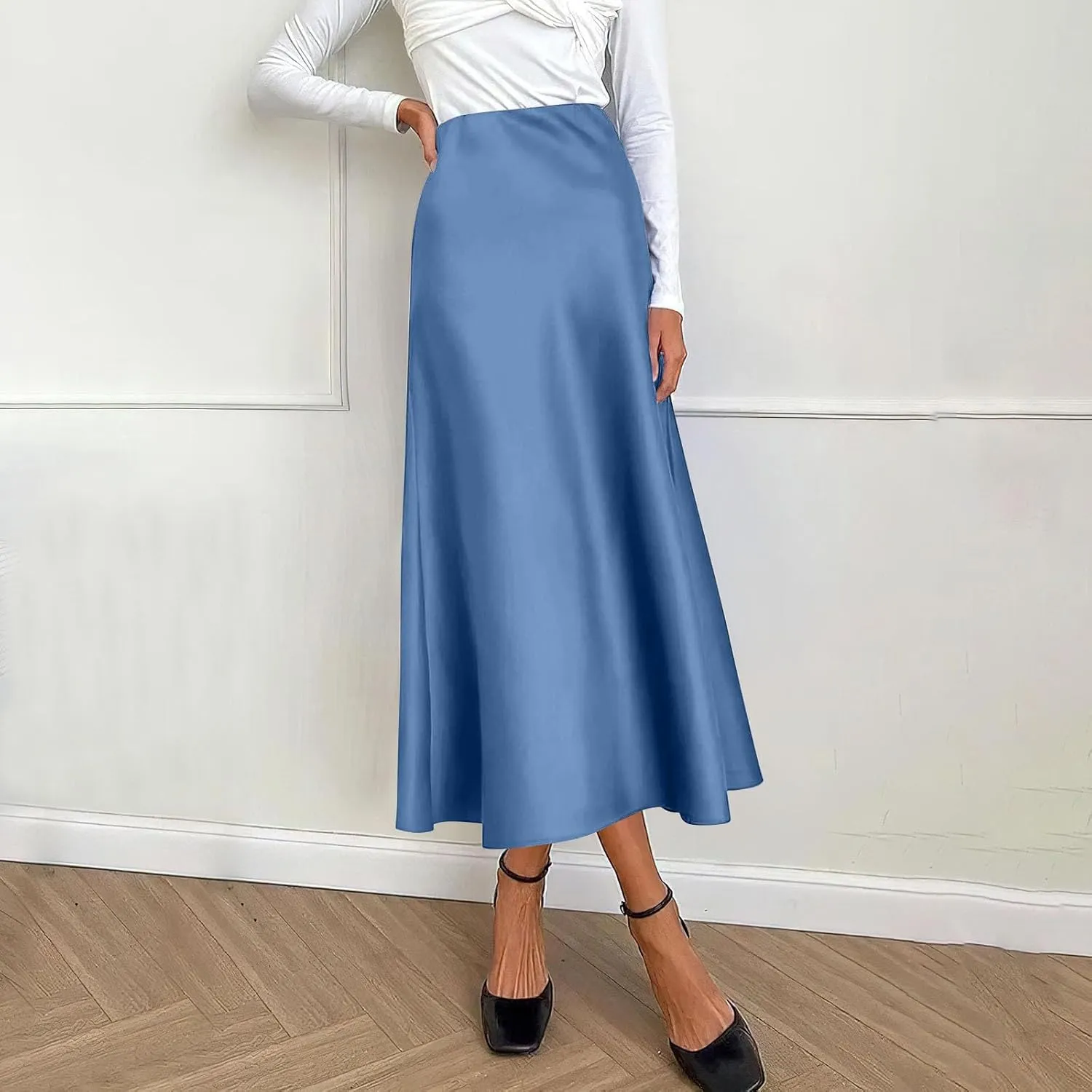 Long Skirts for Women Satin High Waisted Flared Skirt 2025 A Line Cocktail Party Skirt Business Casual Clothes