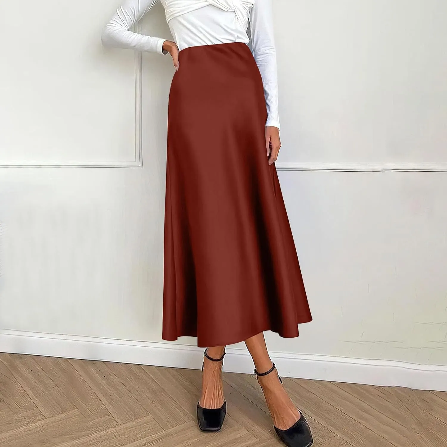 Long Skirts for Women Satin High Waisted Flared Skirt 2025 A Line Cocktail Party Skirt Business Casual Clothes