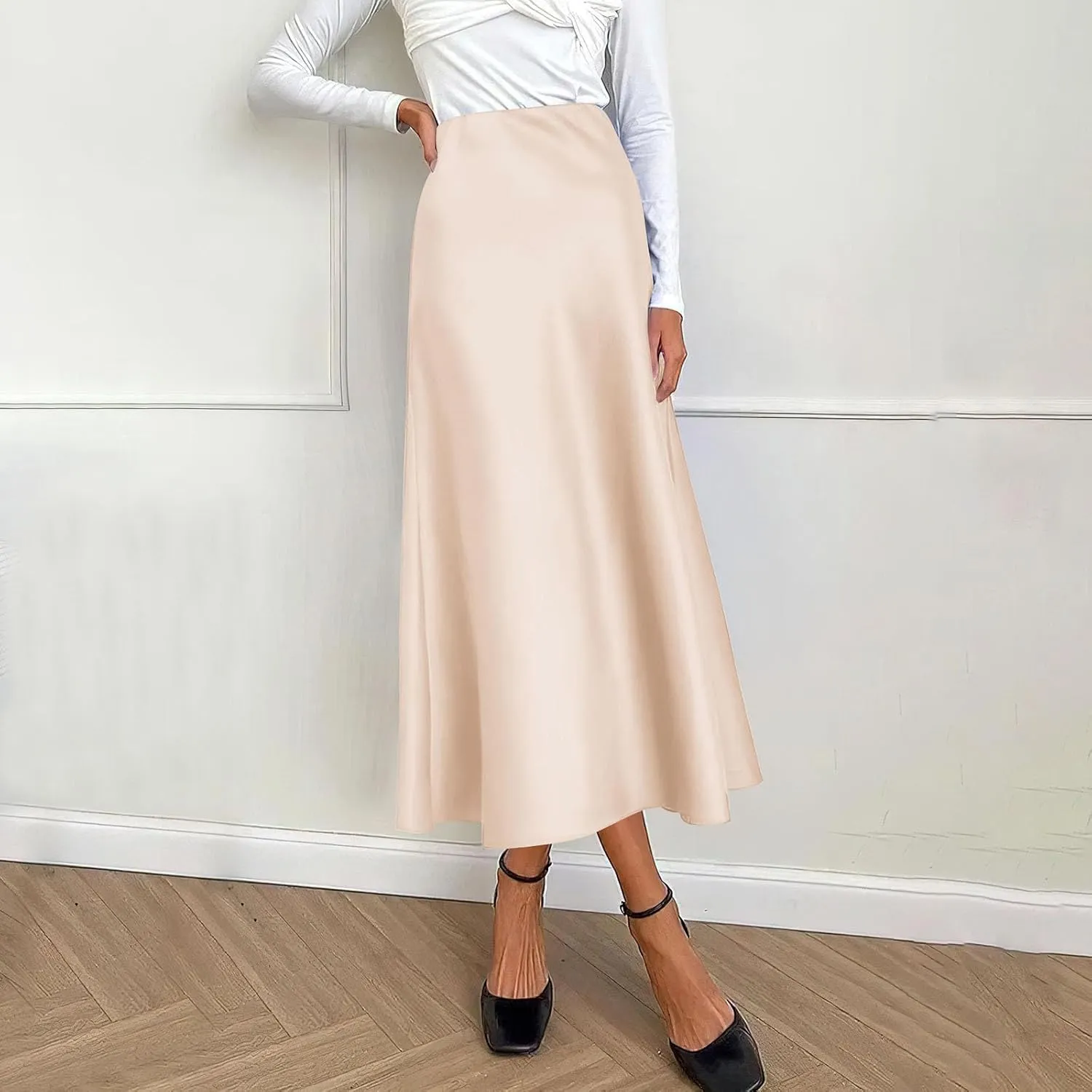 Long Skirts for Women Satin High Waisted Flared Skirt 2025 A Line Cocktail Party Skirt Business Casual Clothes