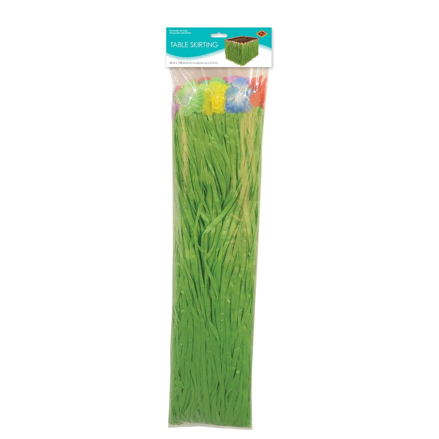 Luau Party Artificial Grass Table Skirt - green - with floral trim