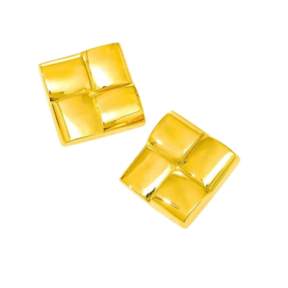 Luxury Minimalist Gold Plated Sigong Grid Geometric Chunky Metal Stud Earrings: Classic Fashion Statement