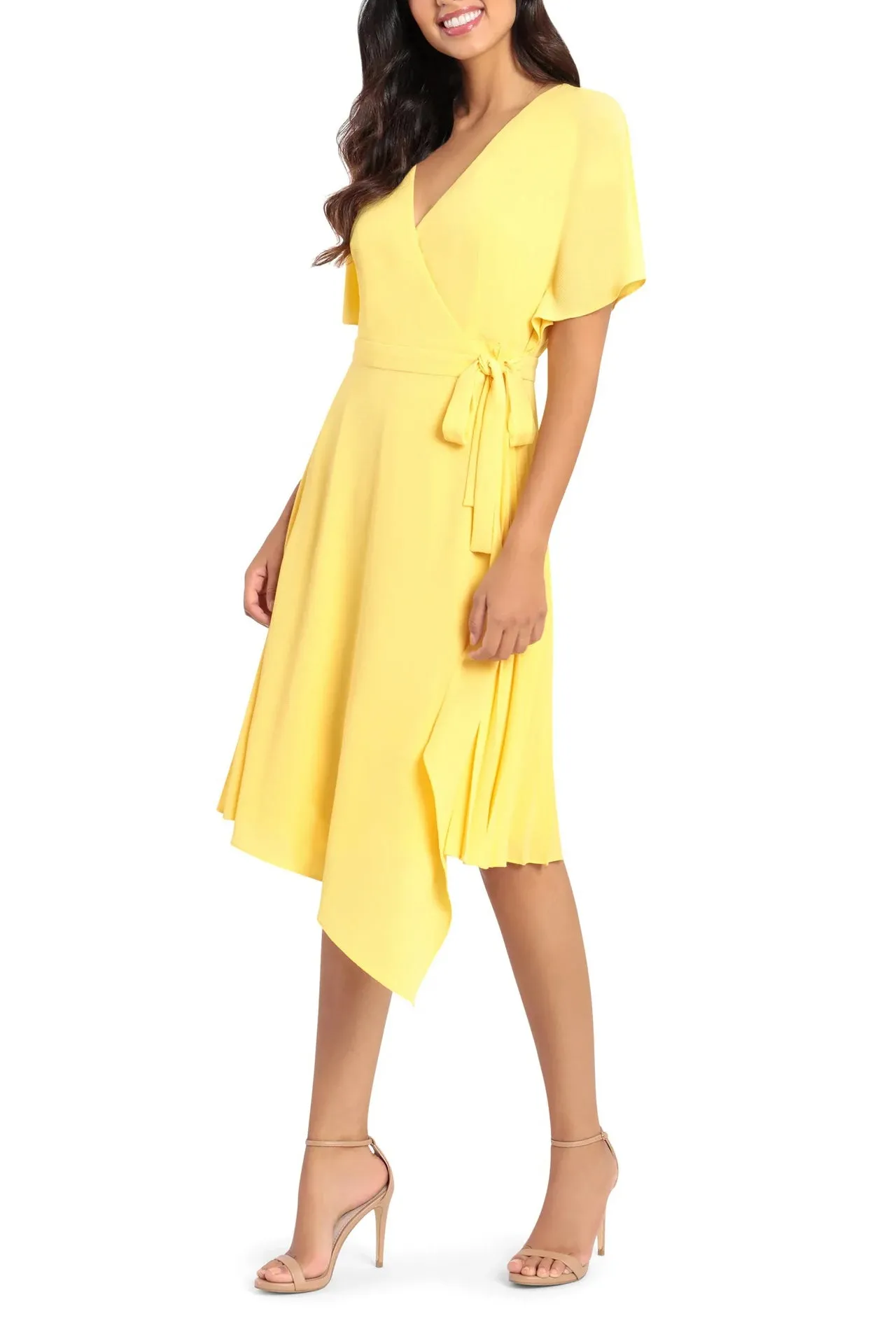 Maggy London Surplice V Neck Short Sleeves Midi Crepe Dress