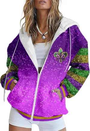 MARSVOVO Mardi Gras Sweatshirts for Women Full Zipper Long Sleeve Tuesday Shirt Vintage Vneck Carnival Outfit for Party