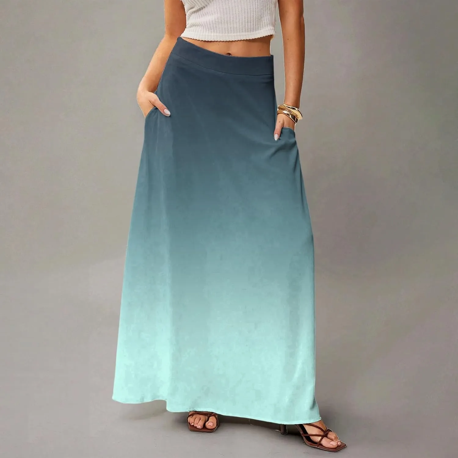 Maxi Floral Skirts for Women Trendy Summer Boho Long Flowy High Elastic Waist Skirts Skorts with Pockets A Line Skirt