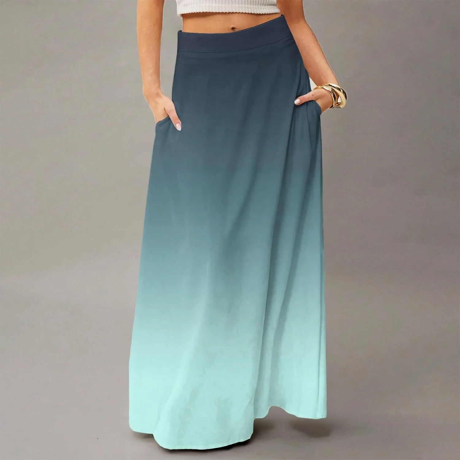 Maxi Floral Skirts for Women Trendy Summer Boho Long Flowy High Elastic Waist Skirts Skorts with Pockets A Line Skirt
