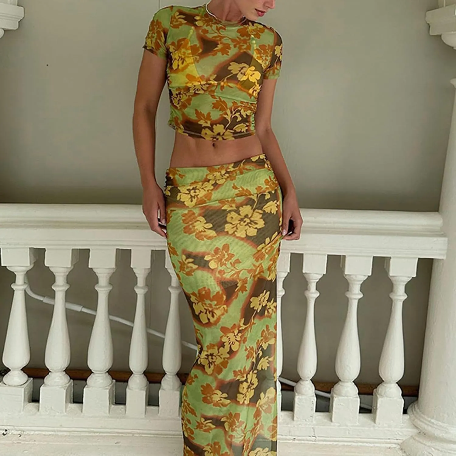 Maxi Skirt Set Floral Halter Top Maxi Skirt Sexy Going Out Outfits for Women 2 Piece Bodycon Mesh Streetwear