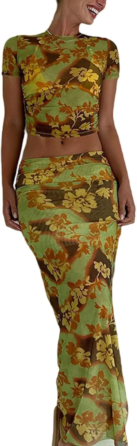 Maxi Skirt Set Floral Halter Top Maxi Skirt Sexy Going Out Outfits for Women 2 Piece Bodycon Mesh Streetwear