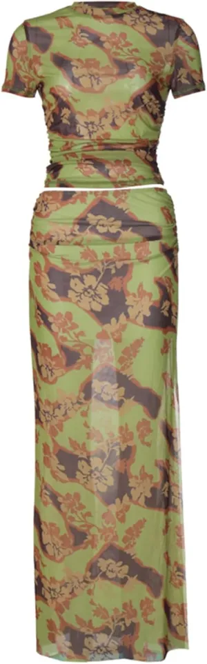 Maxi Skirt Set Floral Halter Top Maxi Skirt Sexy Going Out Outfits for Women 2 Piece Bodycon Mesh Streetwear