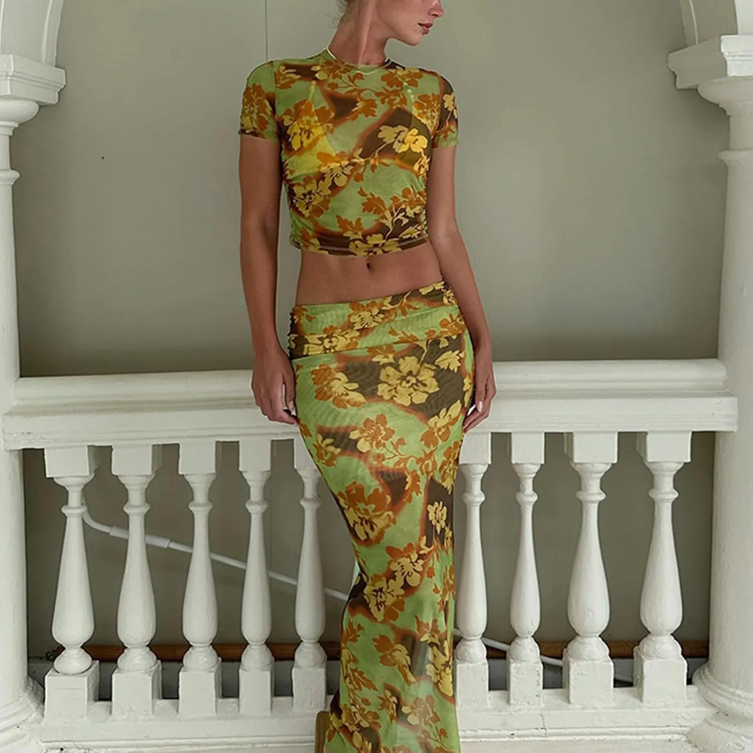 Maxi Skirt Set Floral Halter Top Maxi Skirt Sexy Going Out Outfits for Women 2 Piece Bodycon Mesh Streetwear