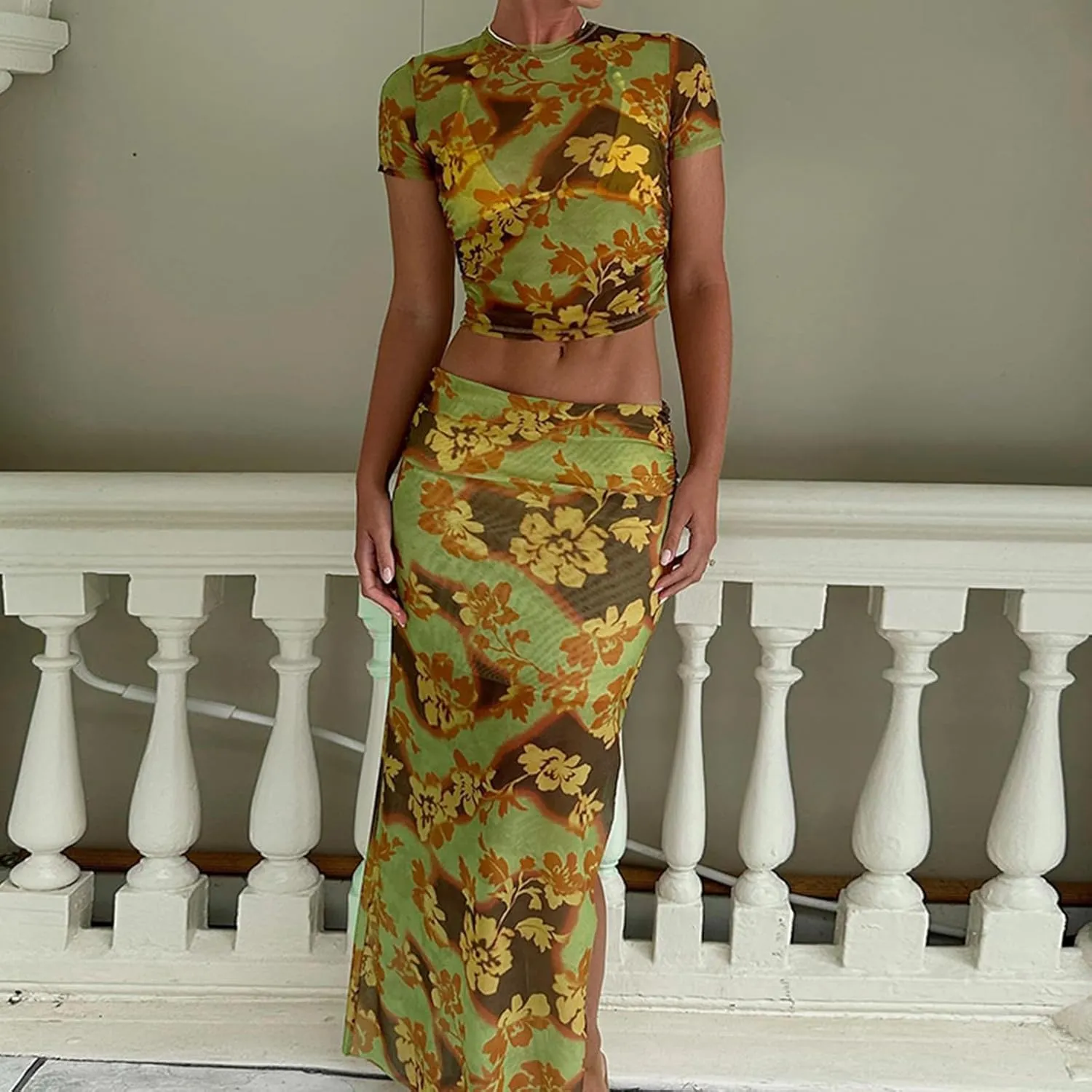 Maxi Skirt Set Floral Halter Top Maxi Skirt Sexy Going Out Outfits for Women 2 Piece Bodycon Mesh Streetwear