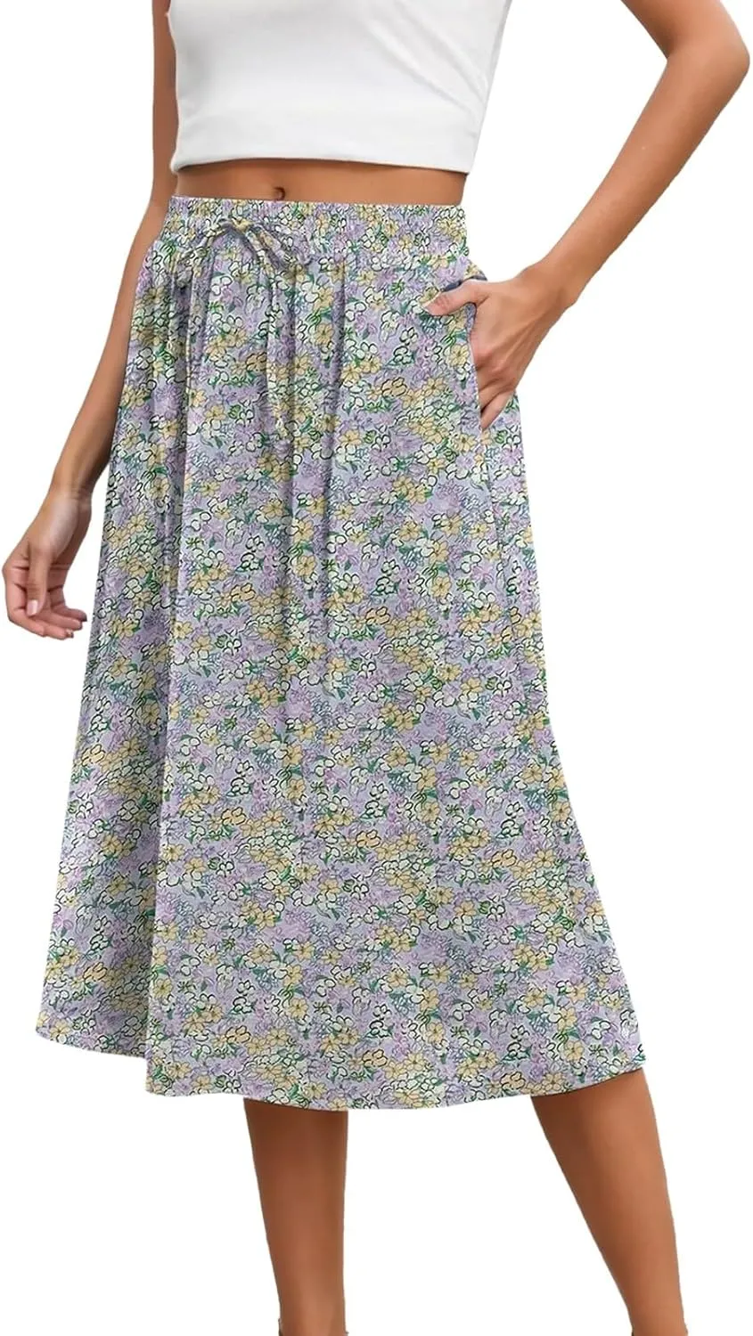 Maxi Skirts for Women 2025 Summer Vacation Comfy Drawstring Waist Pleated A-Line Beach Bohemian Casual Midi Skirts