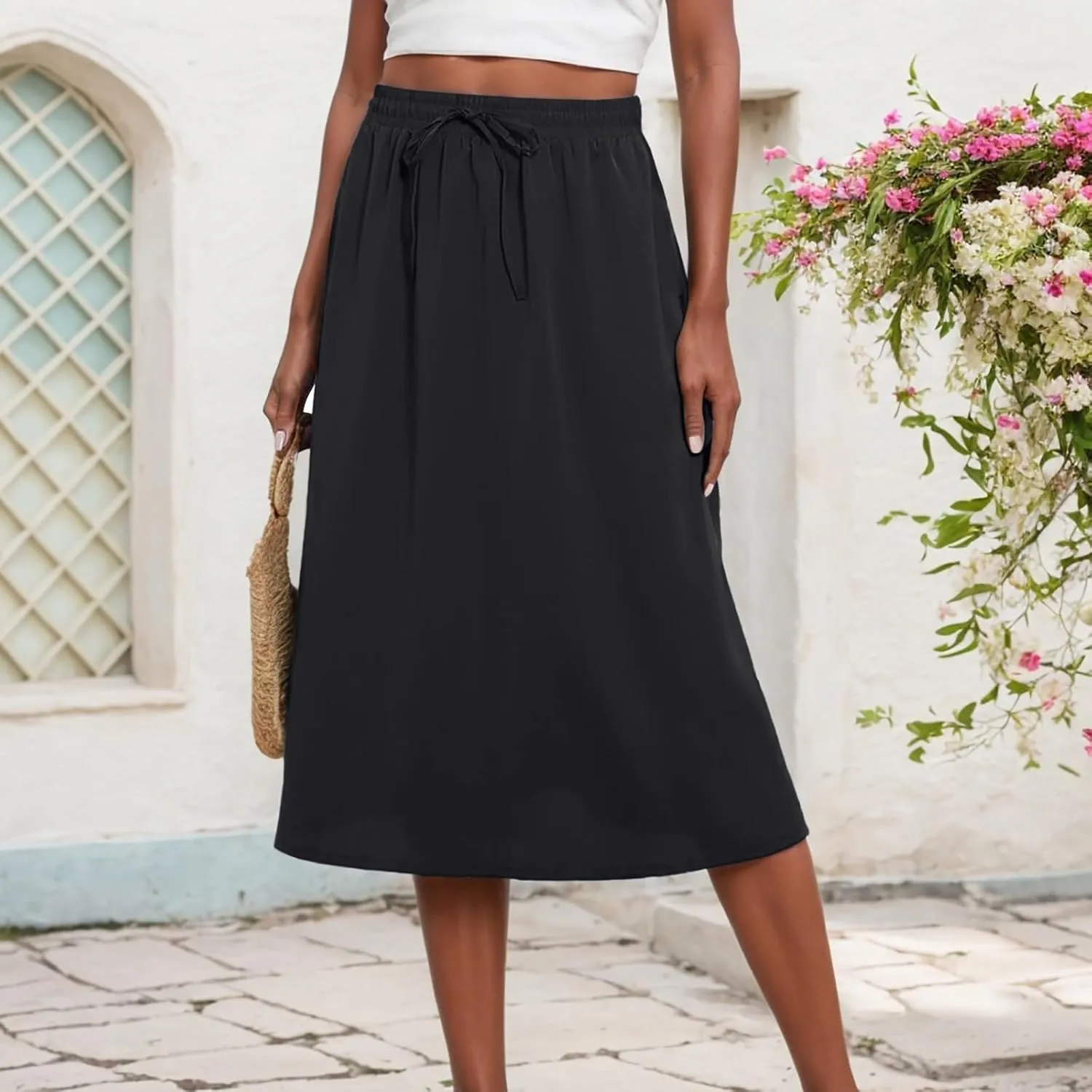 Maxi Skirts for Women 2025 Summer Vacation Comfy Drawstring Waist Pleated A-Line Beach Bohemian Casual Midi Skirts