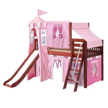 Maxtrix Twin Low Loft Bed with Angled Ladder, Slide, Top Tent, Underbed Curtain and Slide Tower