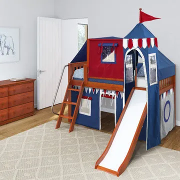 Maxtrix Twin Low Loft Bed with Angled Ladder, Slide, Top Tent, Underbed Curtain and Slide Tower