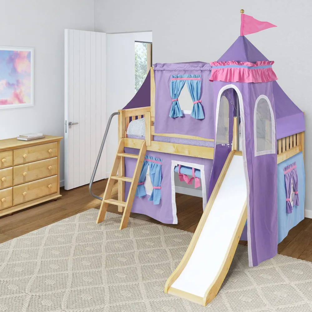 Maxtrix Twin Low Loft Bed with Angled Ladder, Slide, Top Tent, Underbed Curtain and Slide Tower