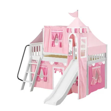 Maxtrix Twin Low Loft Bed with Angled Ladder, Slide, Top Tent, Underbed Curtain and Slide Tower