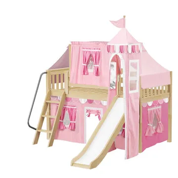 Maxtrix Twin Low Loft Bed with Angled Ladder, Slide, Top Tent, Underbed Curtain and Slide Tower