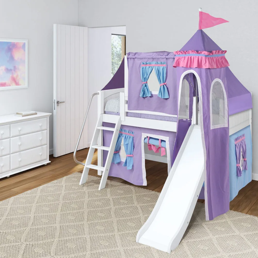 Maxtrix Twin Low Loft Bed with Angled Ladder, Slide, Top Tent, Underbed Curtain and Slide Tower