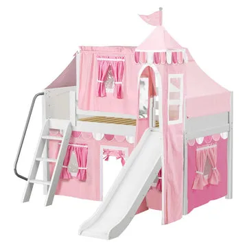 Maxtrix Twin Low Loft Bed with Angled Ladder, Slide, Top Tent, Underbed Curtain and Slide Tower