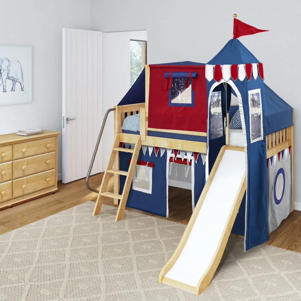 Maxtrix Twin Low Loft Bed with Angled Ladder, Slide, Top Tent, Underbed Curtain and Slide Tower