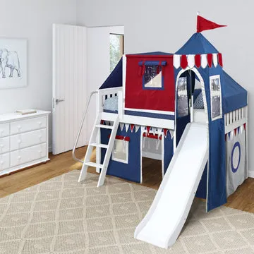 Maxtrix Twin Low Loft Bed with Angled Ladder, Slide, Top Tent, Underbed Curtain and Slide Tower
