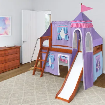 Maxtrix Twin Low Loft Bed with Angled Ladder, Slide, Top Tent, Underbed Curtain and Slide Tower