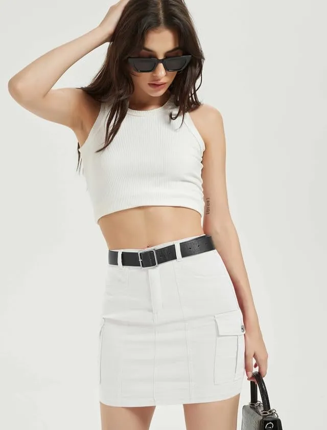 Mebius Women's Low Rise Mini Cargo Skirt Denim Jean Bodycon Button Y2K Short Micro Skirts with Pockets Sexy Cute