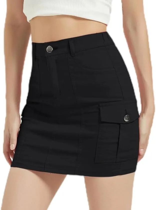 Mebius Women's Low Rise Mini Cargo Skirt Denim Jean Bodycon Button Y2K Short Micro Skirts with Pockets Sexy Cute