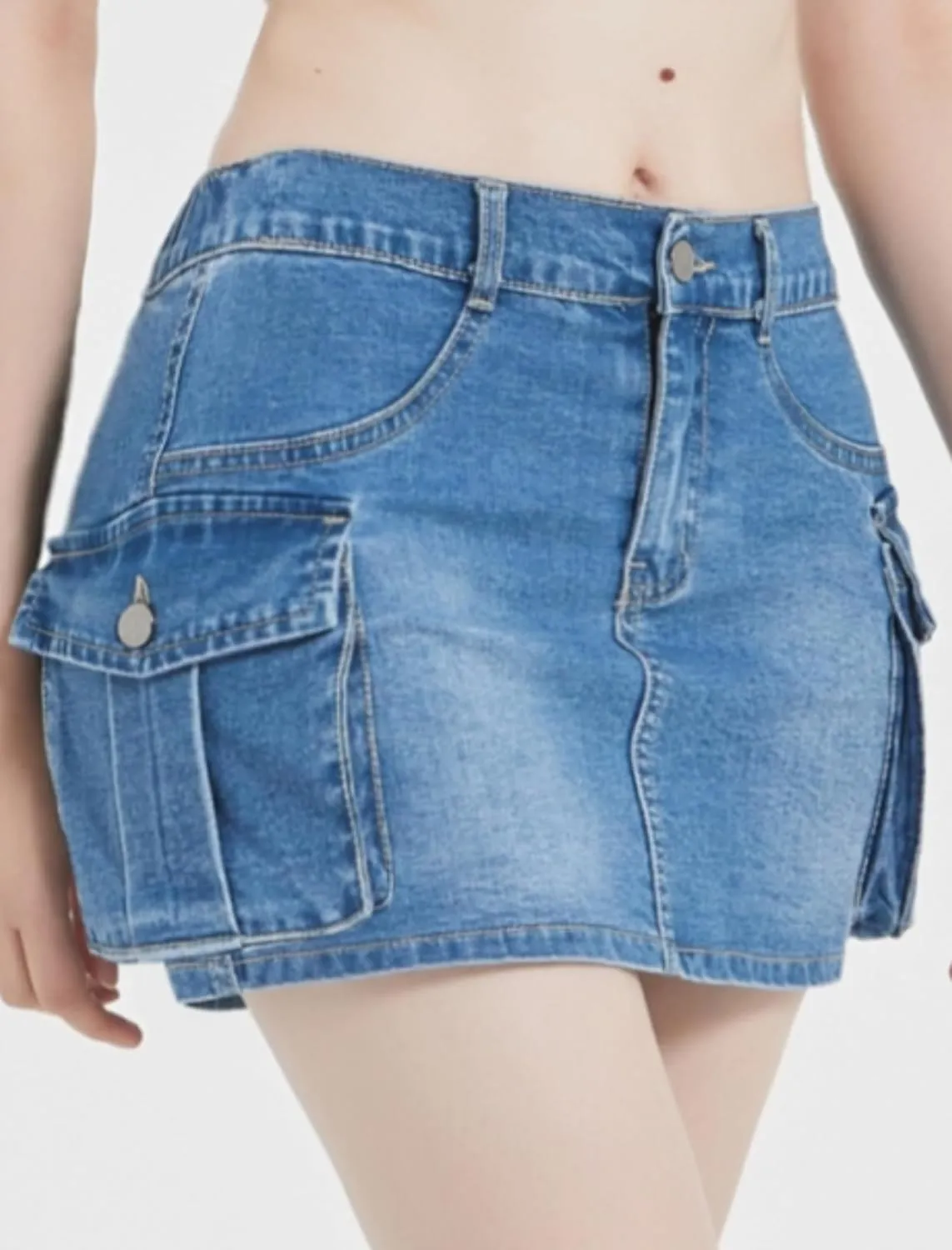 Mebius Women's Low Rise Mini Cargo Skirt Denim Jean Bodycon Button Y2K Short Micro Skirts with Pockets Sexy Cute